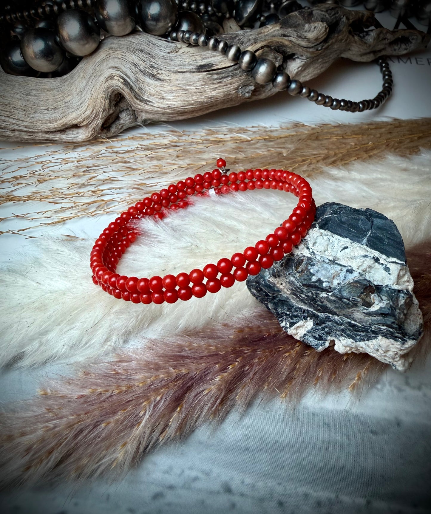 Red Coral Memory Wire Bracelet