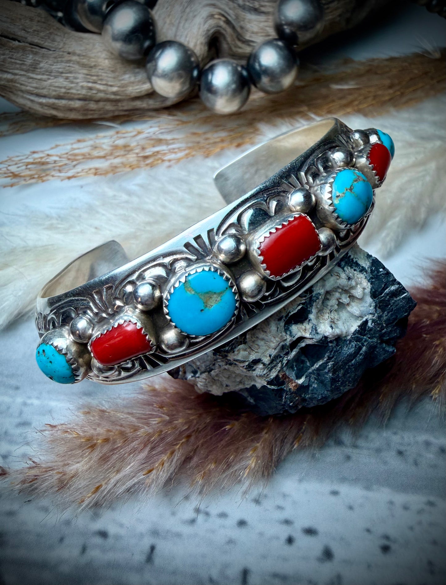 Red Coral and Turquoise Cuff