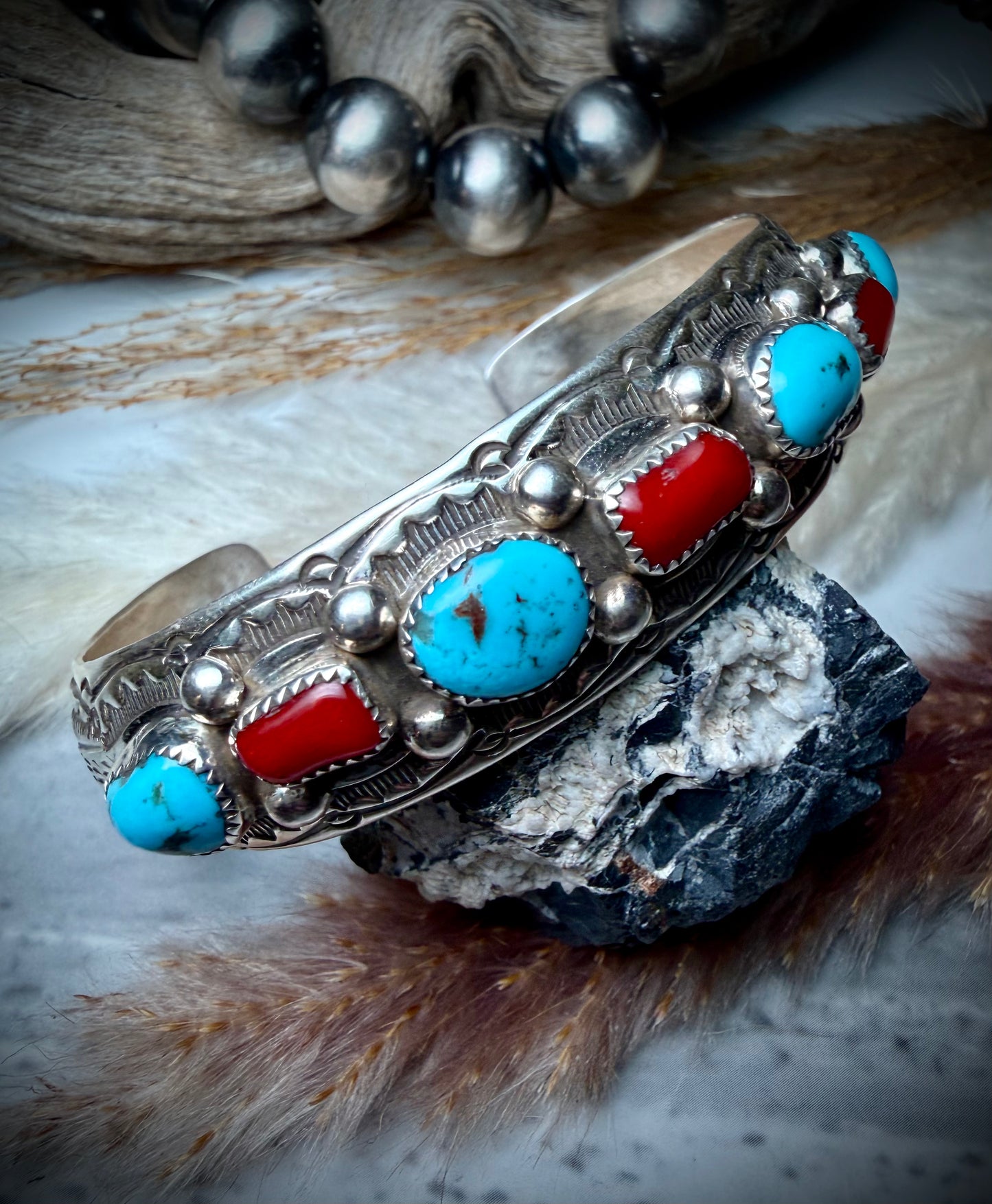 Red Coral and Turquoise Cuff