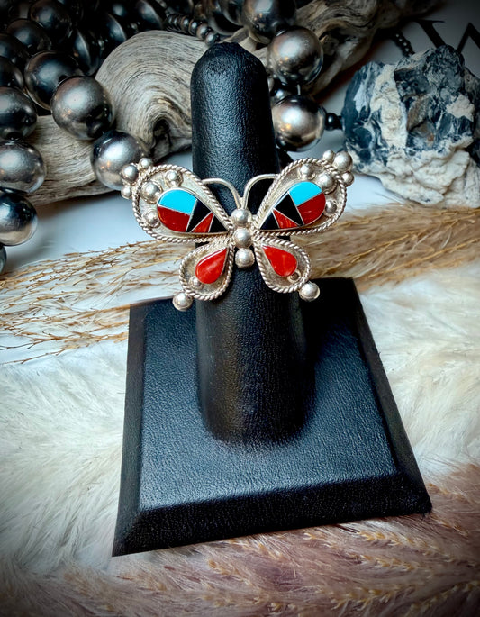 Red Coral and Turquoise Inlay Butterfly Ring