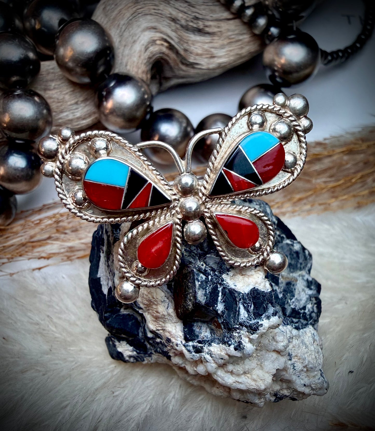 Red Coral and Turquoise Inlay Butterfly Ring
