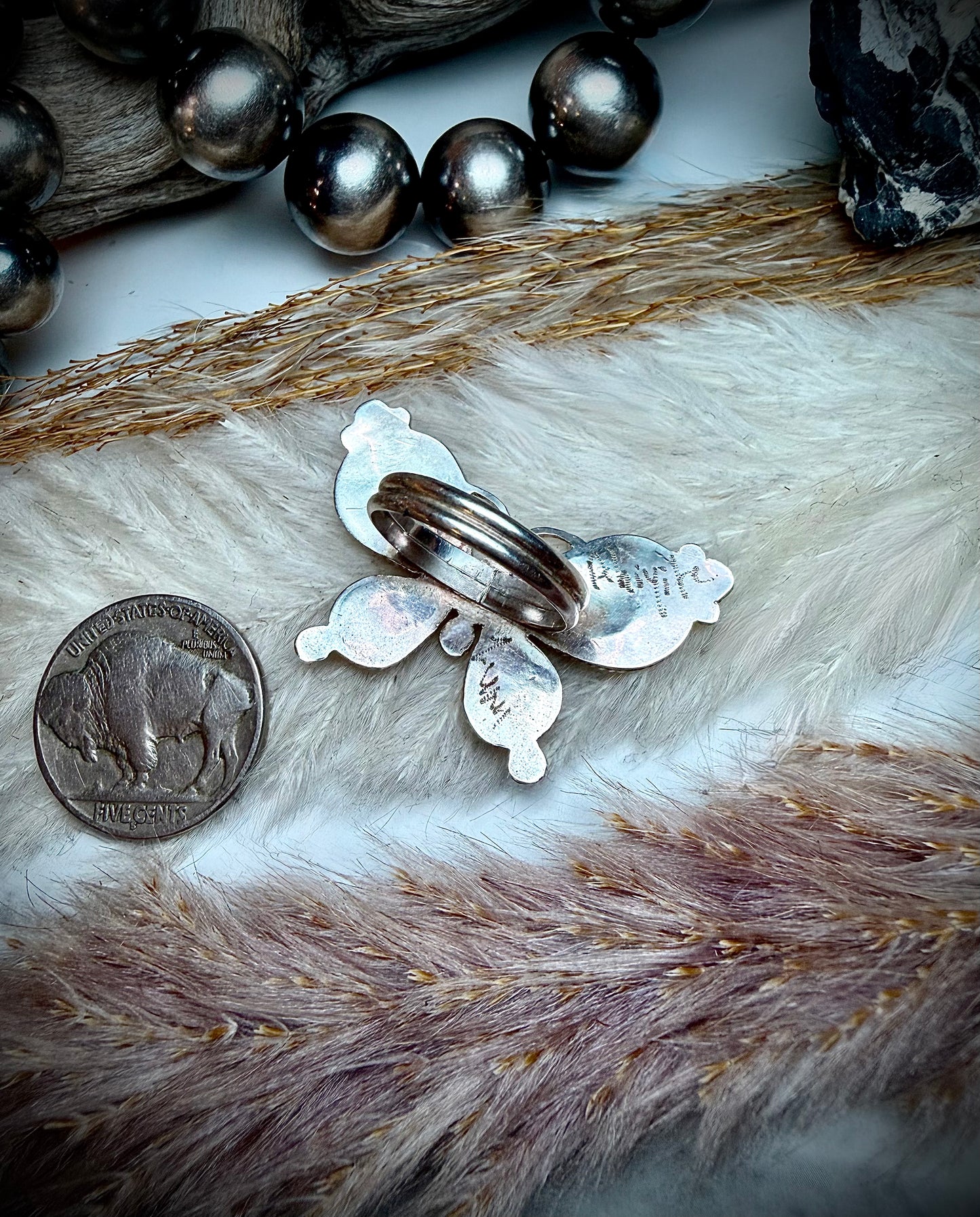Red Coral and Turquoise Inlay Butterfly Ring