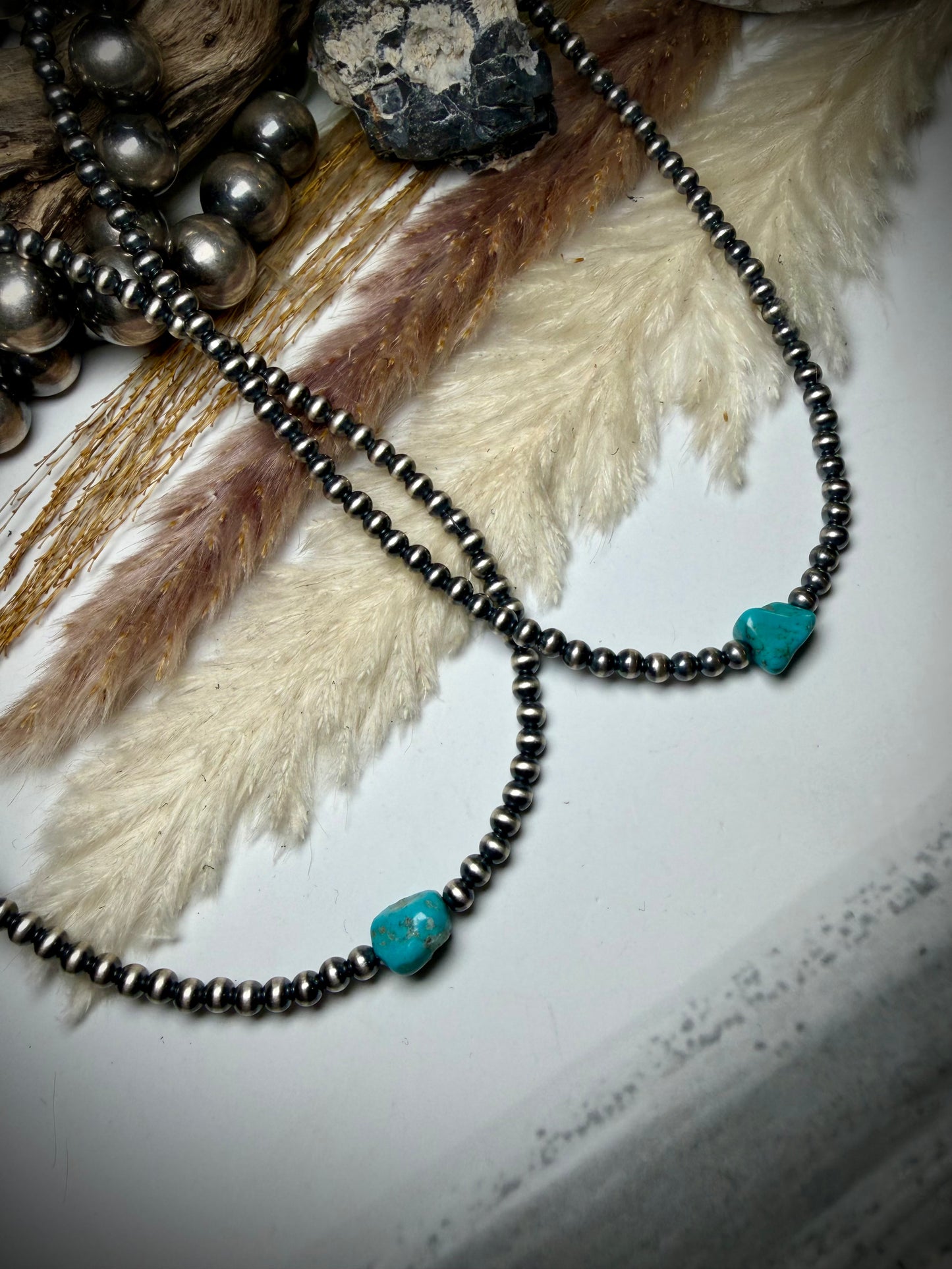 14" 4mm Sterling Pearl & Turquoise Necklace