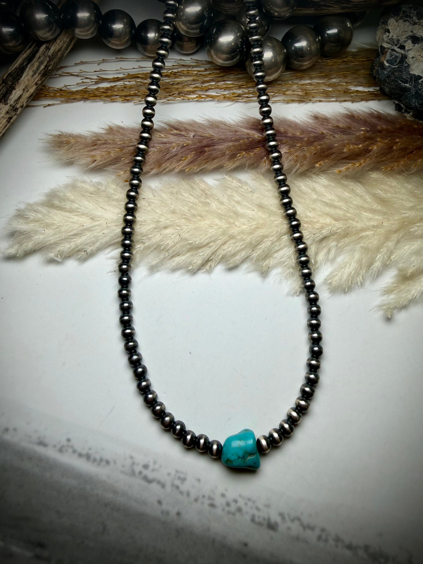14" 4mm Sterling Pearl & Turquoise Necklace