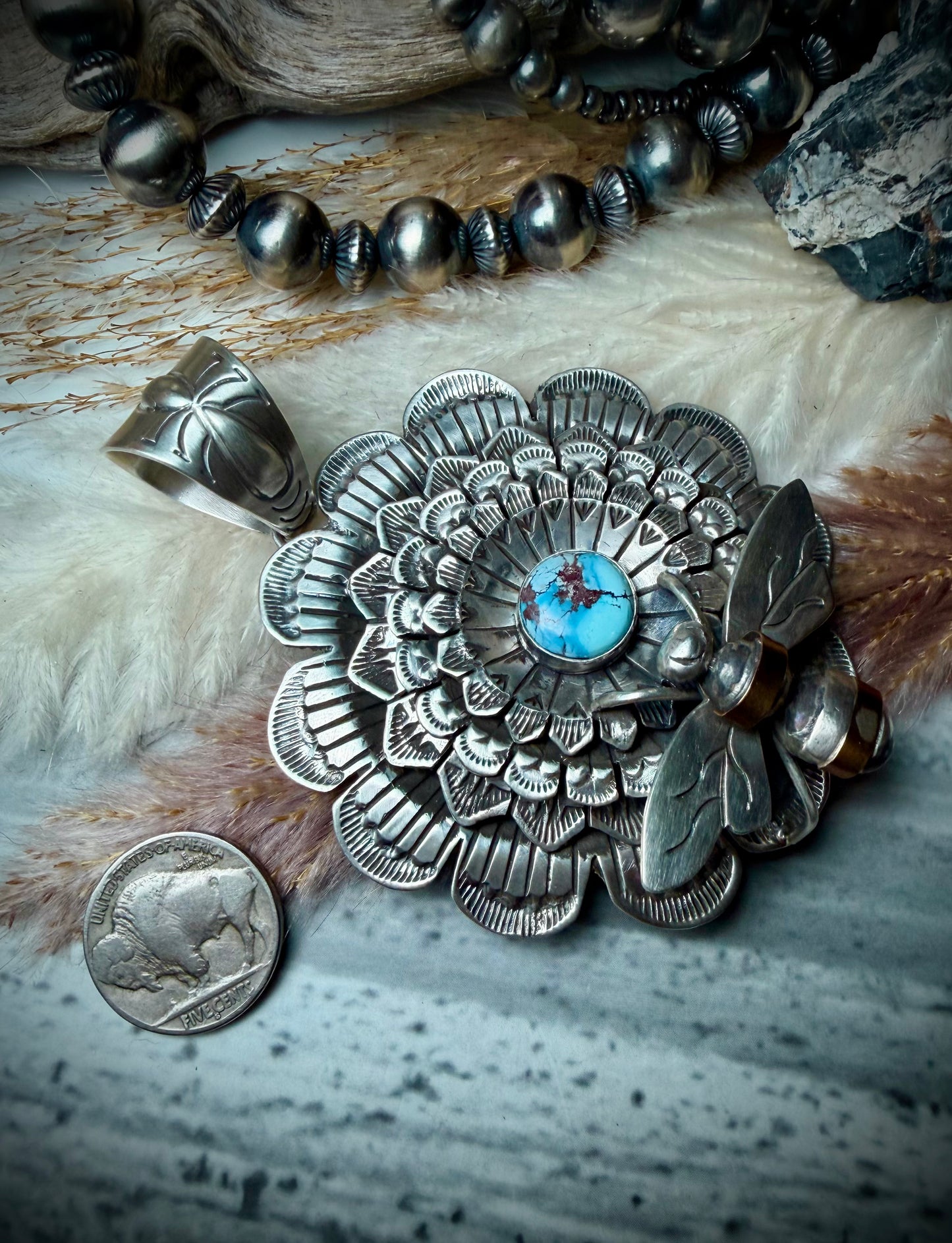 Golden Hills Flower and Bee Pendant