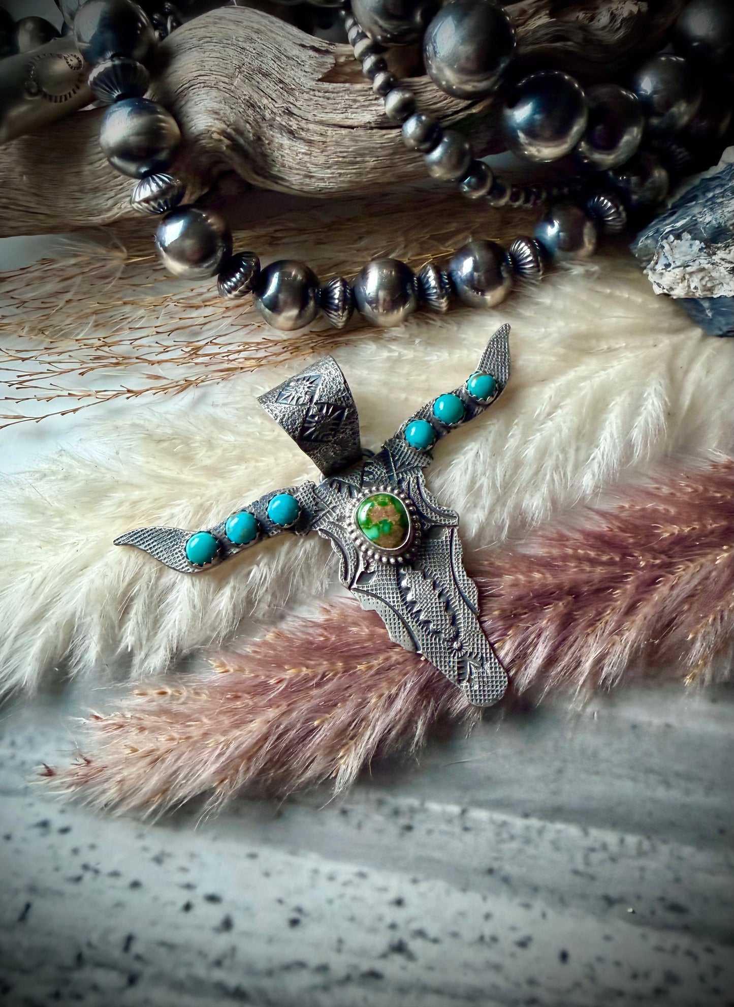 Sonoran Gold and Sleeping Beauty Bull Head Pendant by Leroy James