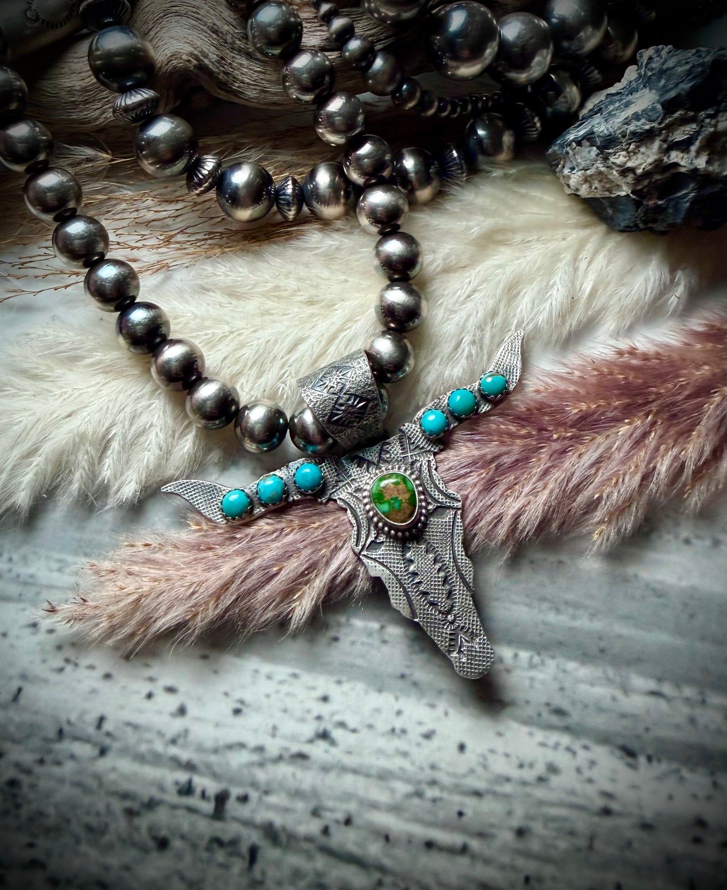 Sonoran Gold and Sleeping Beauty Bull Head Pendant by Leroy James