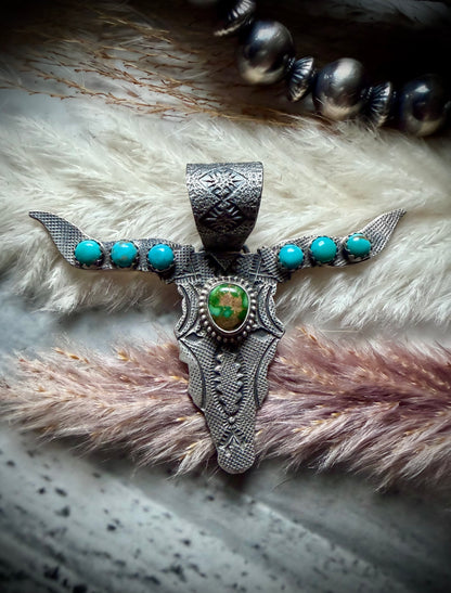 Sonoran Gold and Sleeping Beauty Bull Head Pendant by Leroy James