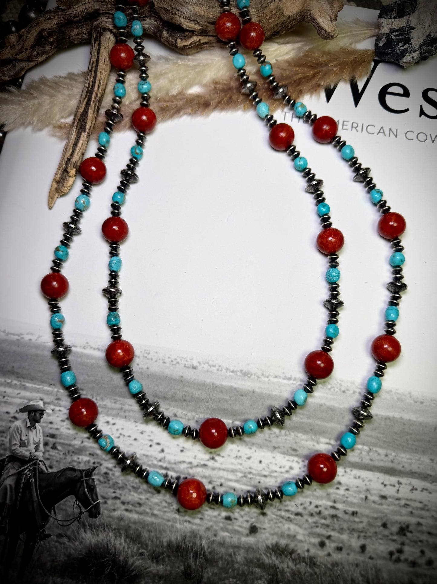 58" Apple Coral, Turquoise & Sterling Saucer Necklace
