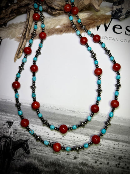 58" Apple Coral, Turquoise & Sterling Saucer Necklace
