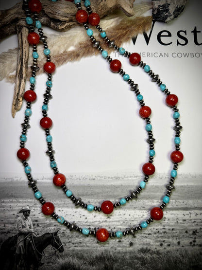 58" Apple Coral, Turquoise & Sterling Saucer Necklace