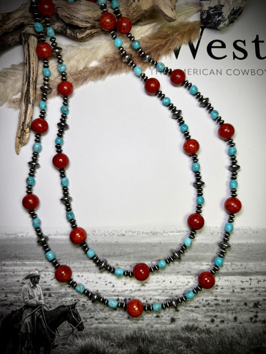 58" Apple Coral, Turquoise & Sterling Saucer Necklace