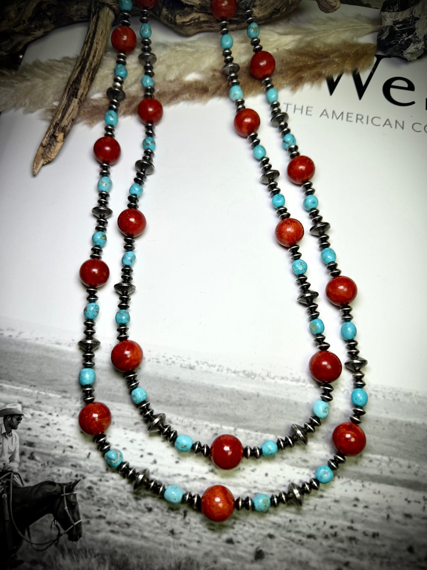 58" Apple Coral, Turquoise & Sterling Saucer Necklace