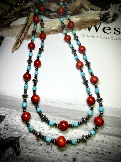 58" Apple Coral, Turquoise & Sterling Saucer Necklace