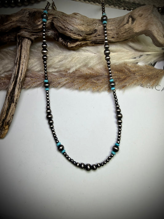 14" Sterling Pearl & Blue Turquoise Necklace