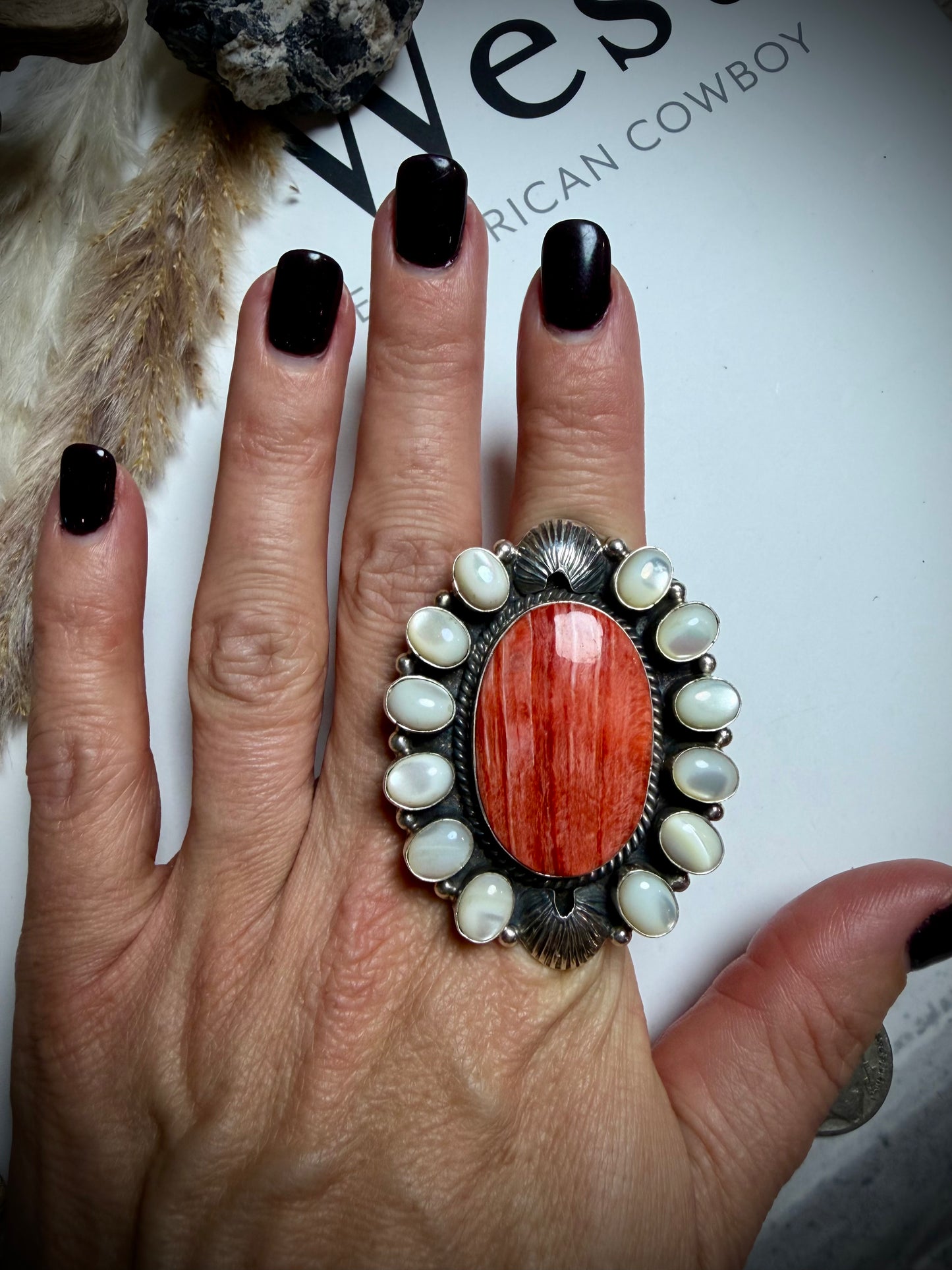 Red Spiny & Mother Of Pearl Adjustable Ring