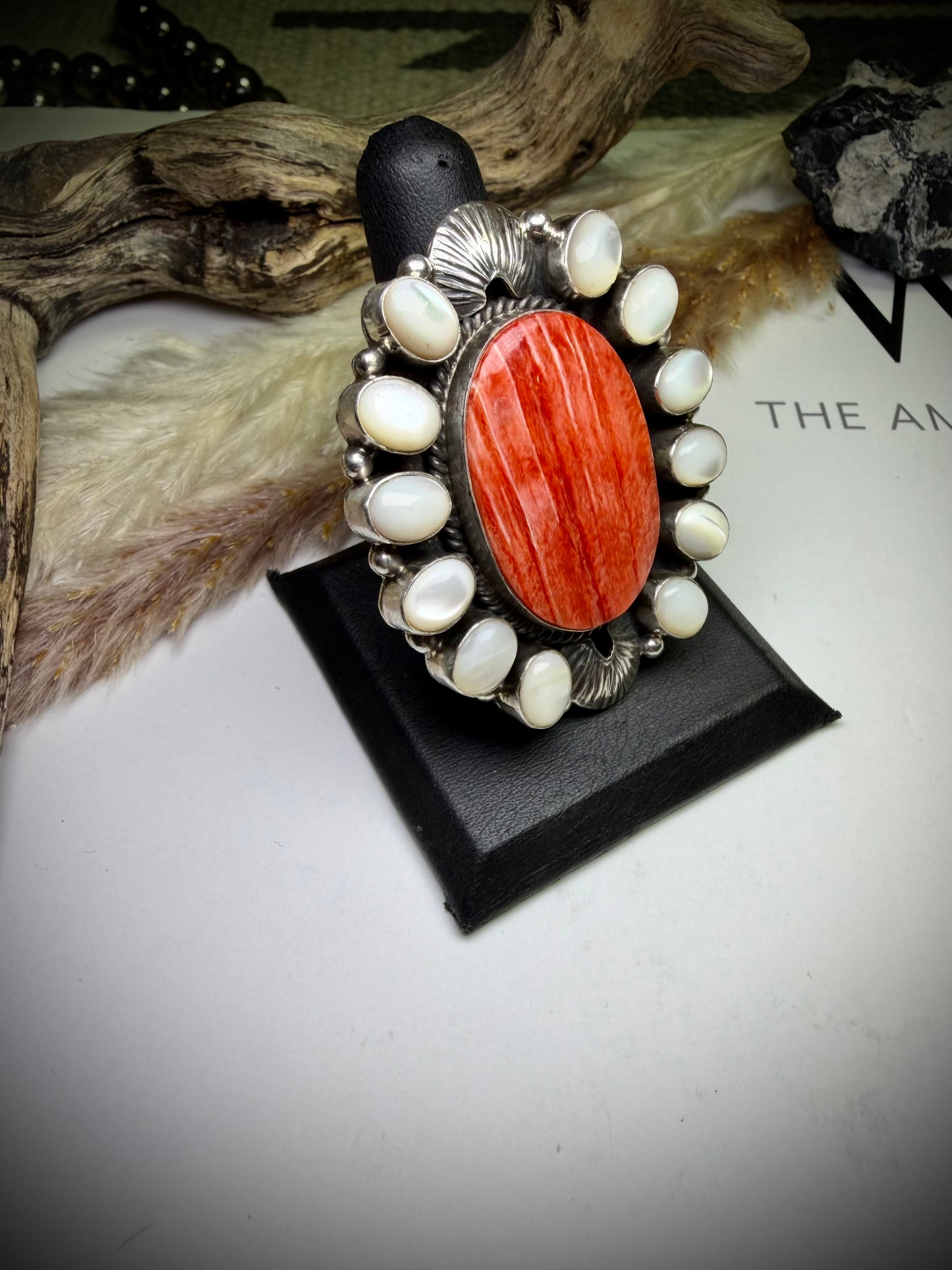 Red Spiny & Mother Of Pearl Adjustable Ring