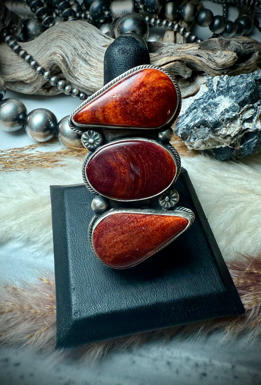 Megan's Three Stone Orange Spiny Ring (Adjustable)