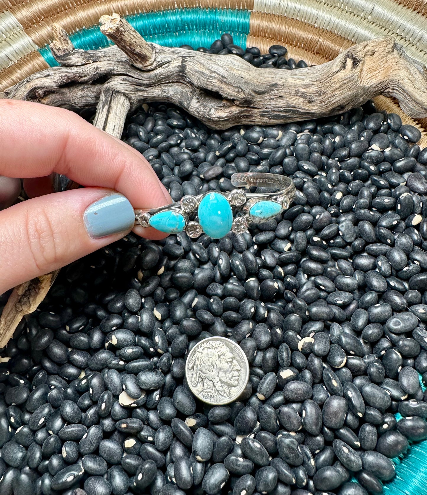 Charlene Yazzie Triple Turquoise Stamped Silver Cuff