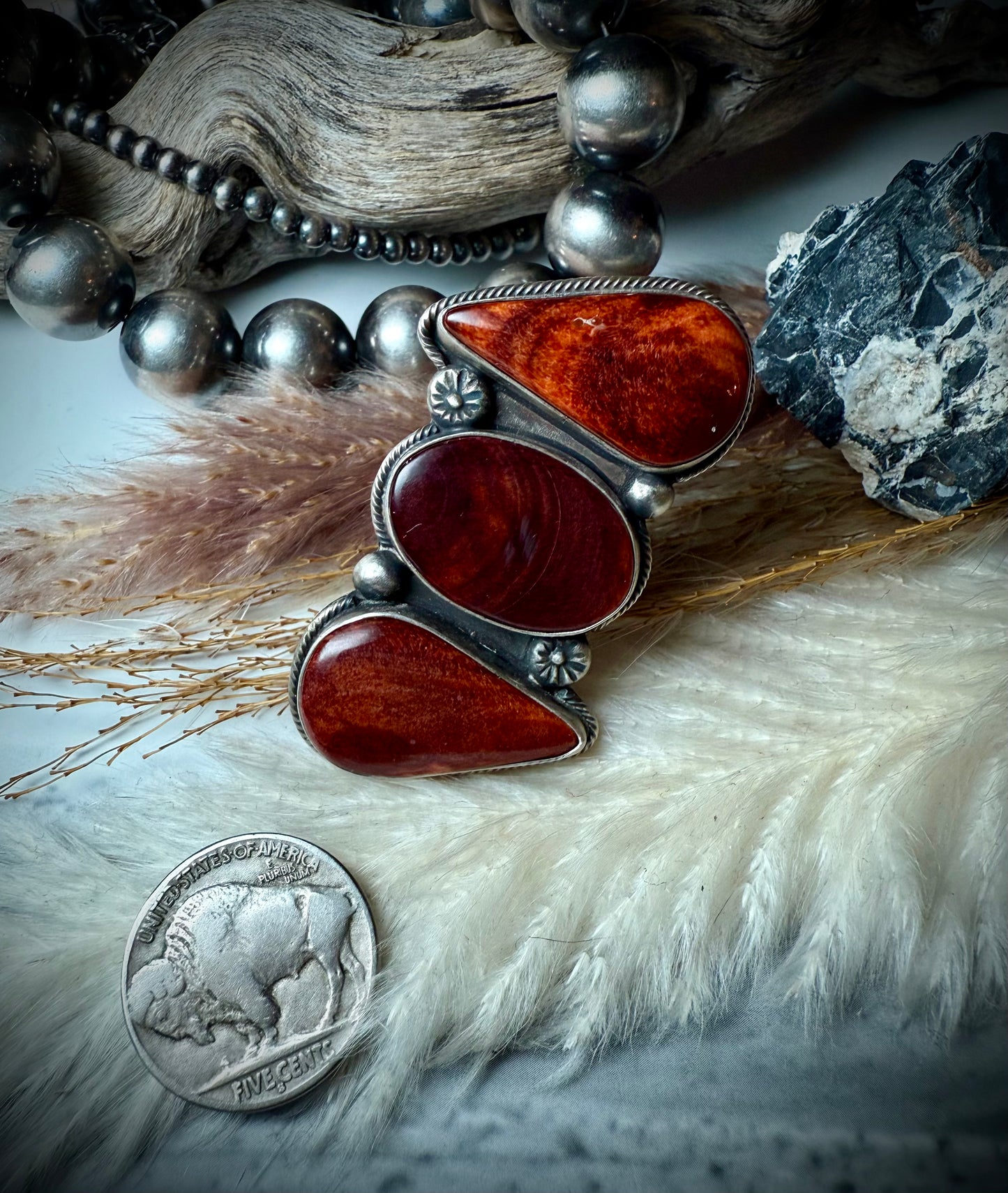 Megan's Three Stone Orange Spiny Ring (Adjustable)