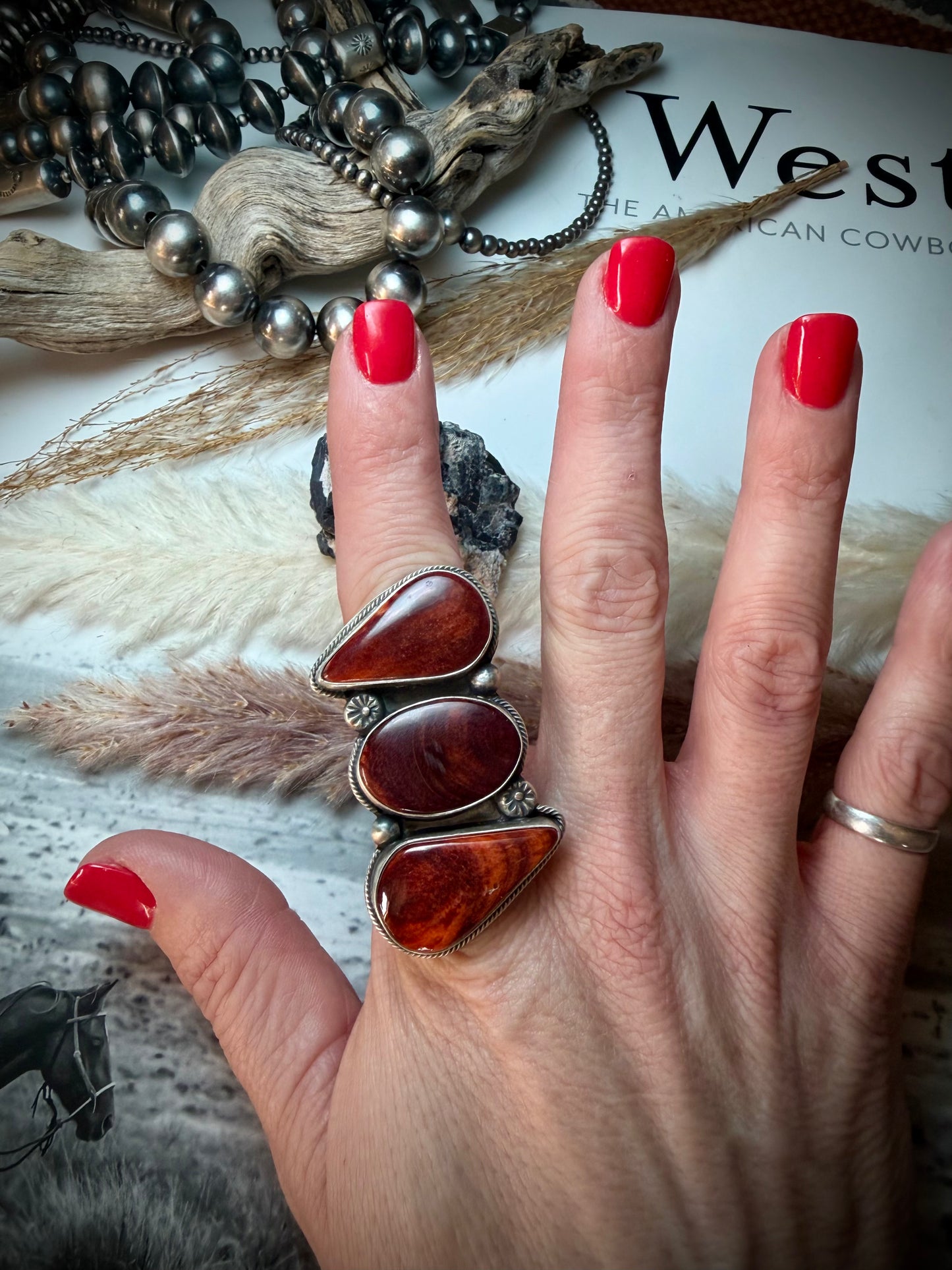Megan's Three Stone Orange Spiny Ring (Adjustable)