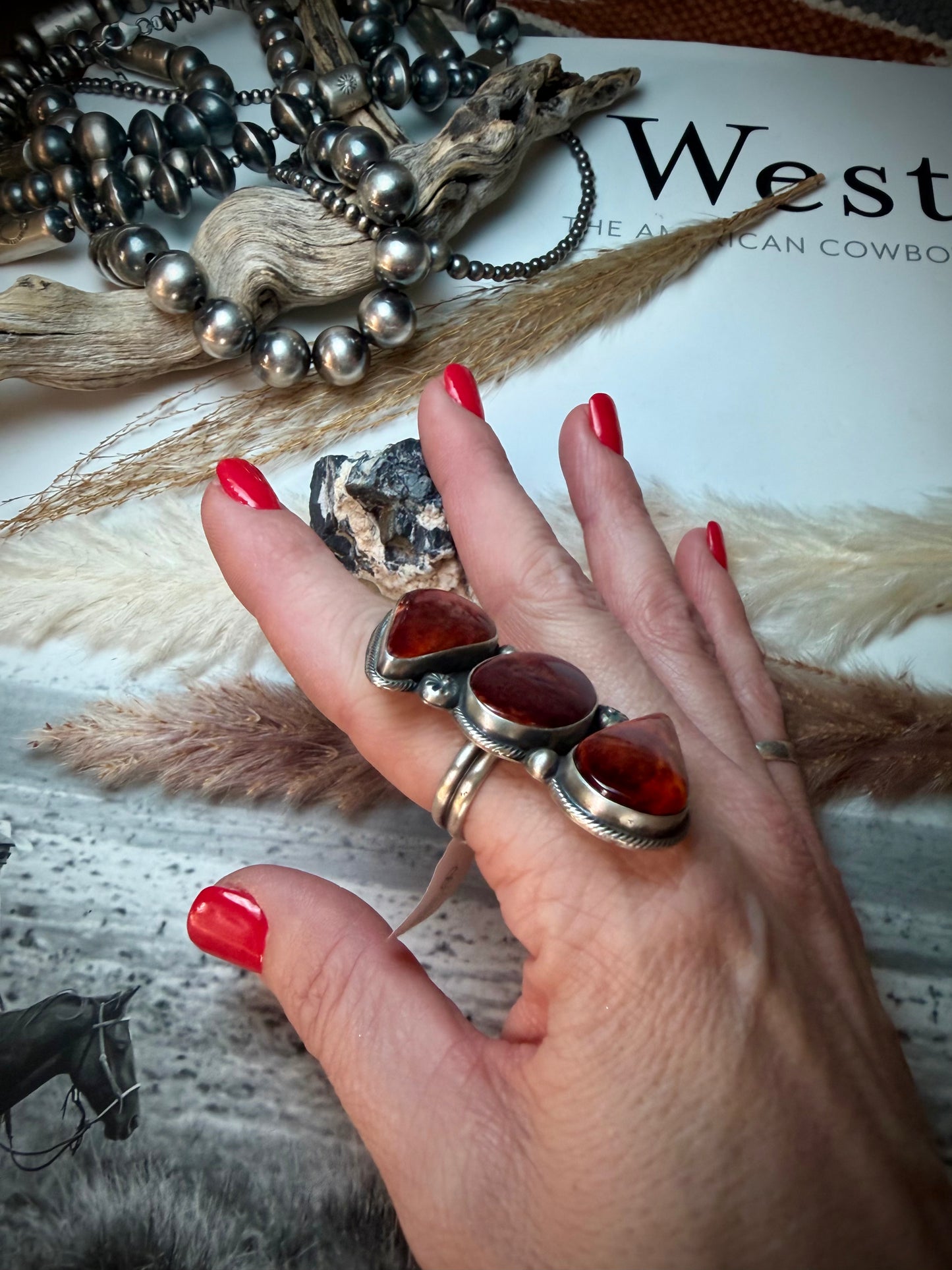 Megan's Three Stone Orange Spiny Ring (Adjustable)