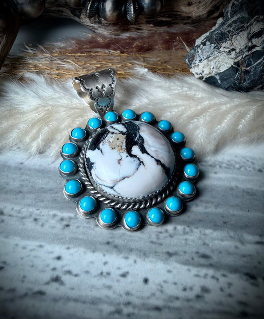 Round White Buffalo and Sleeping Beauty Pendant