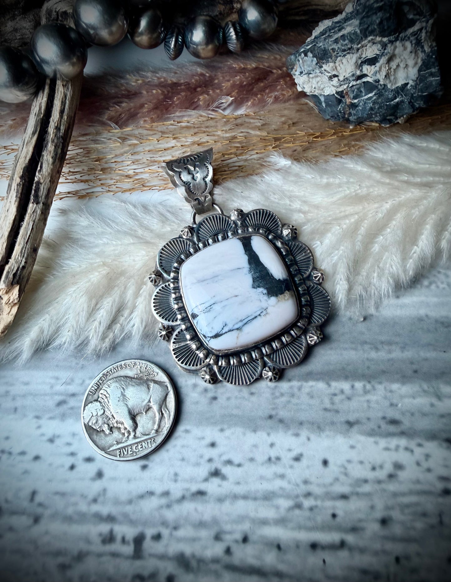 Large Square White Buffalo Pendant