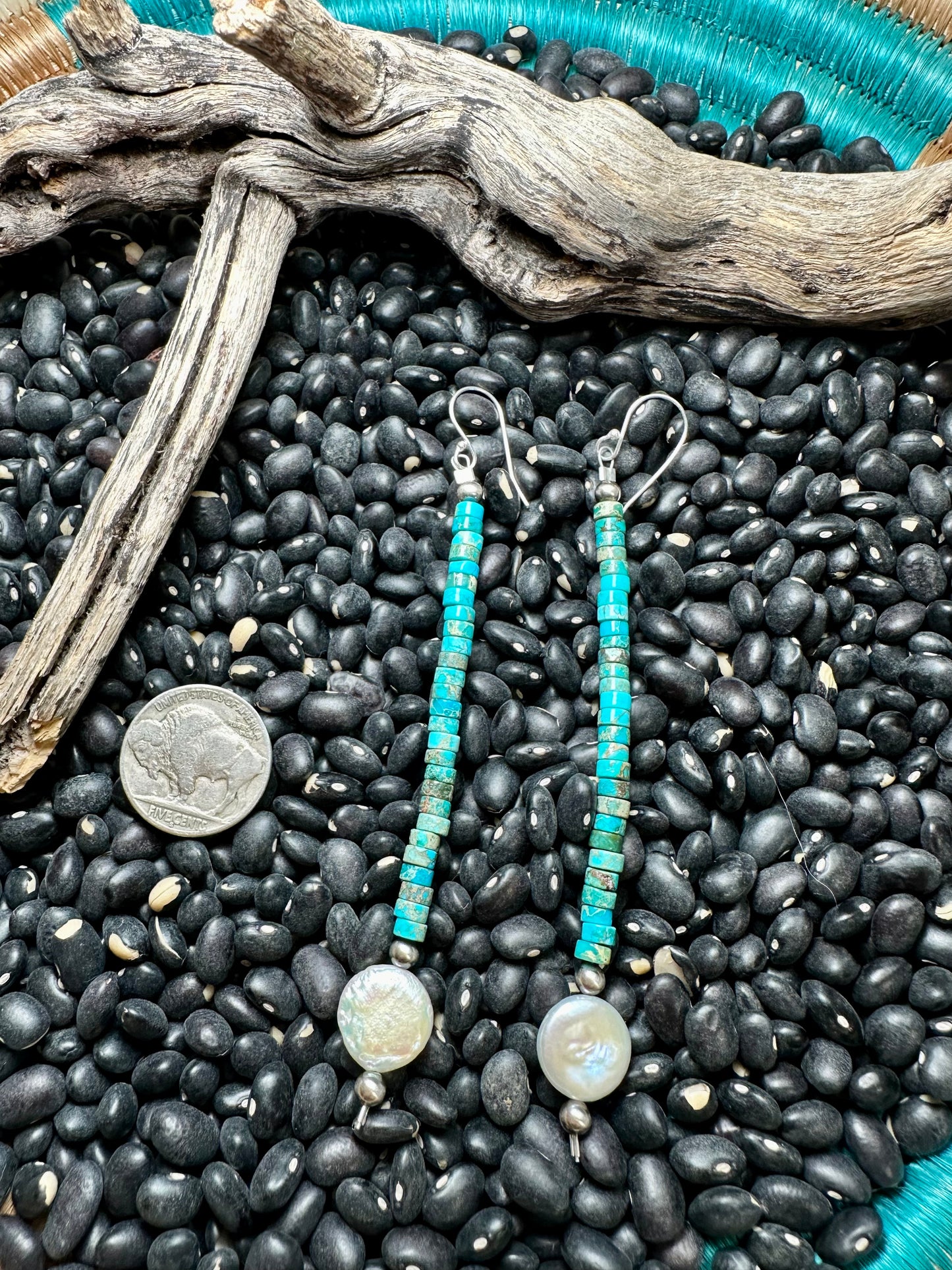 Turquoise Heishi & Pearl Earrings