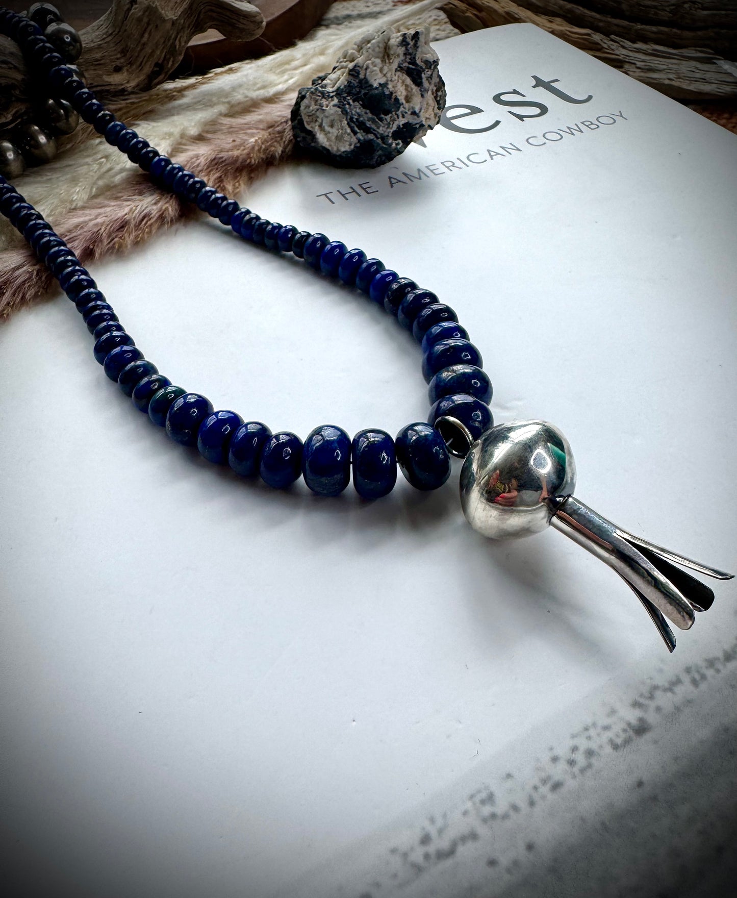 17" Graduated Lapis with Blossom Necklace