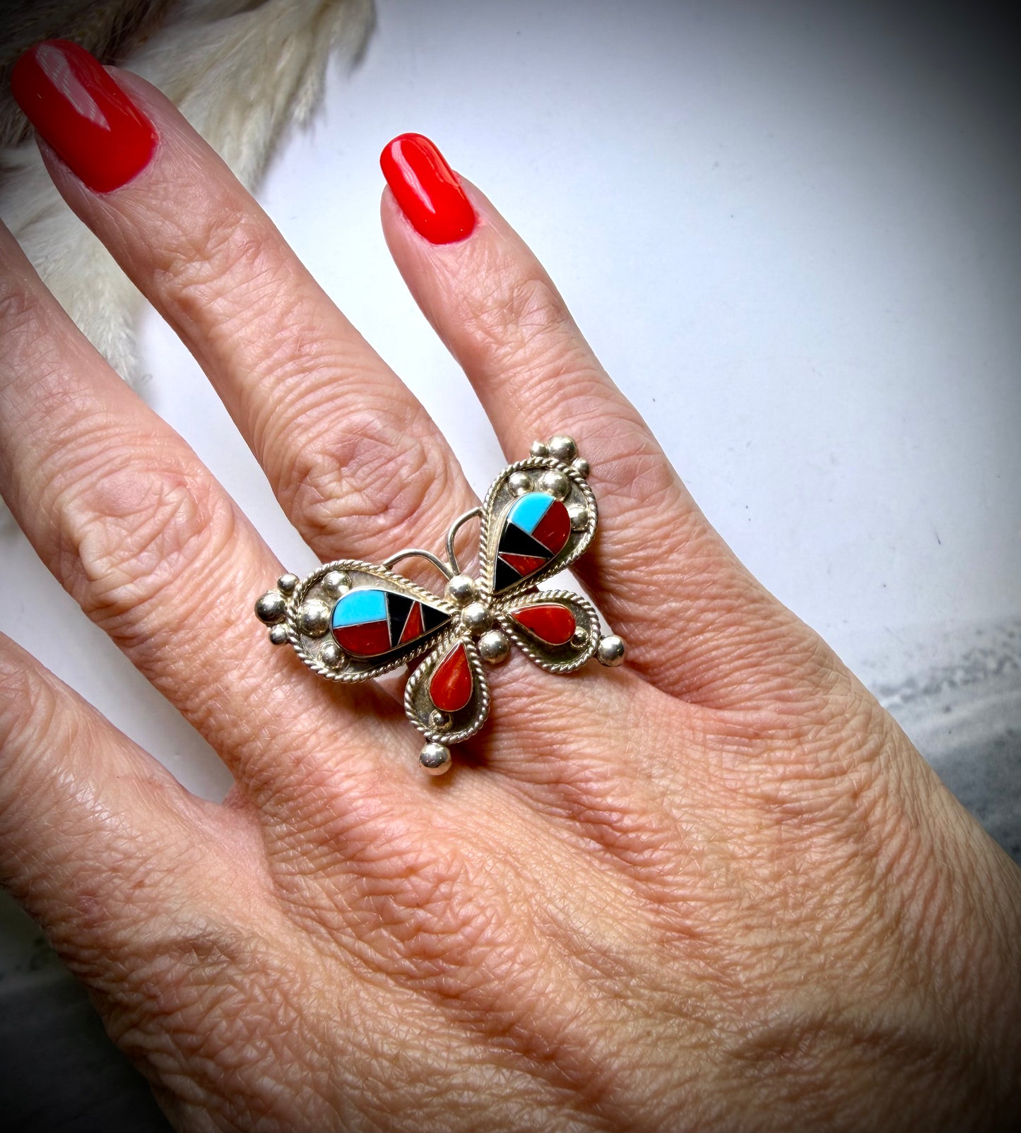 Red Coral and Turquoise Inlay Butterfly Ring