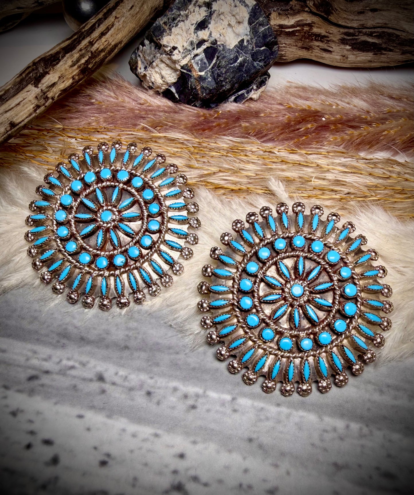 Sleeping Beauty Turquoise Needlepoint and Petit Point Zuni Cluster Earrings by Merlinda Chavez