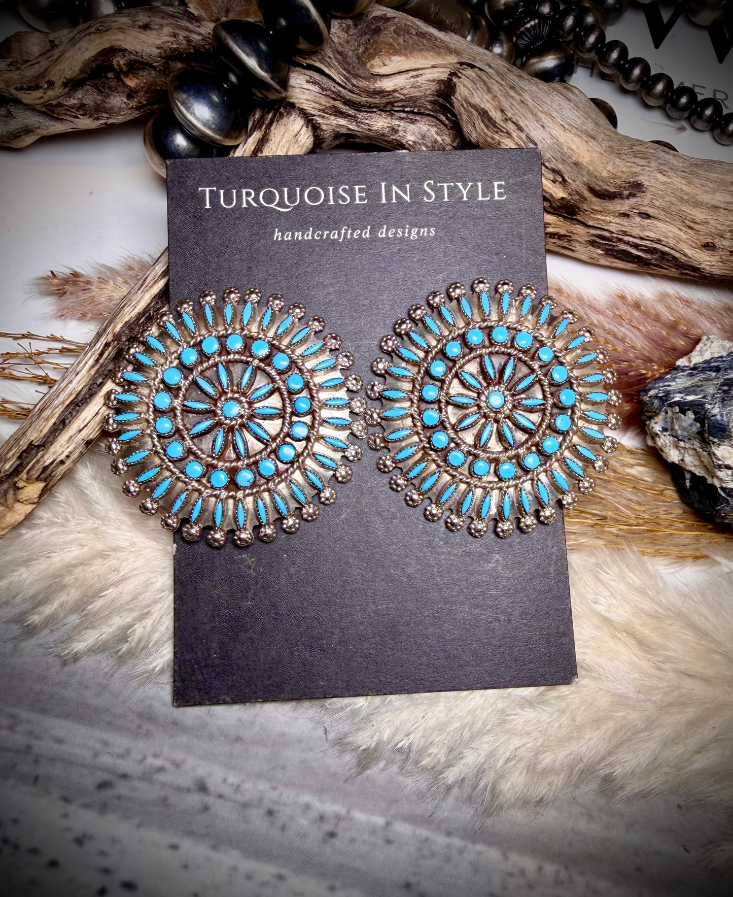 Sleeping Beauty Turquoise Needlepoint and Petit Point Zuni Cluster Earrings by Merlinda Chavez
