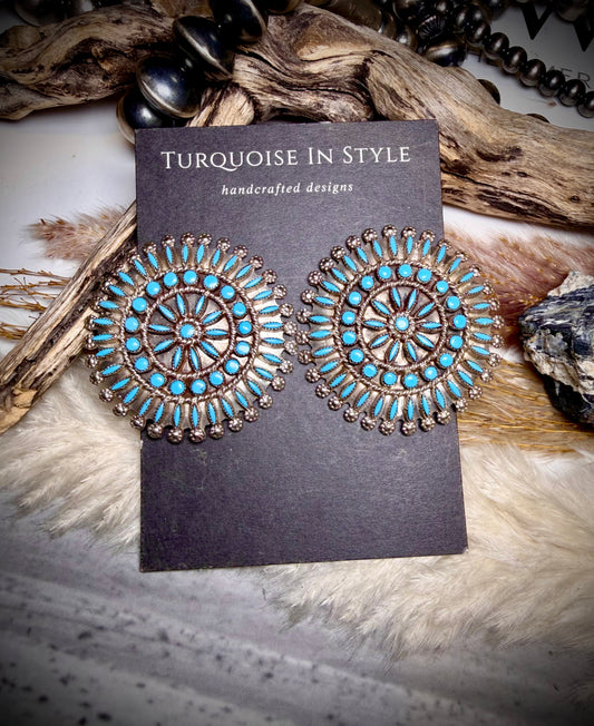 Sleeping Beauty Turquoise Needlepoint and Petit Point Zuni Cluster Earrings by Merlinda Chavez