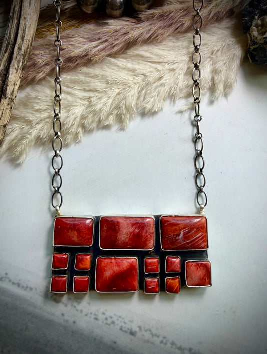 Red Spiny Squares Necklace