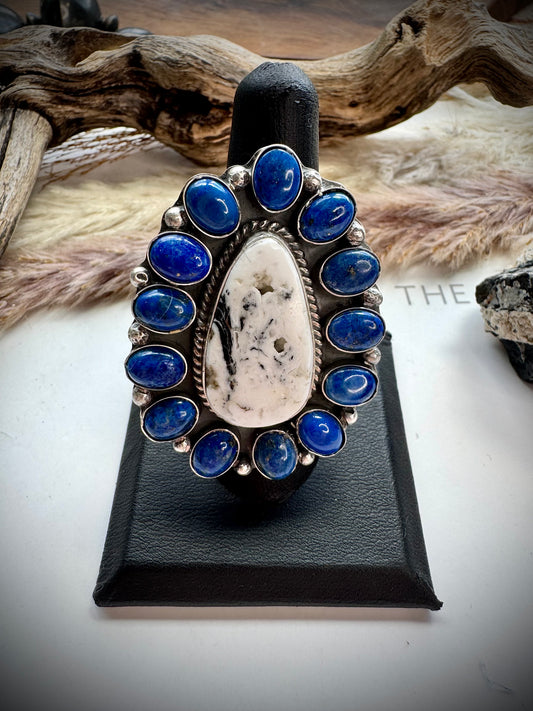 Adjustable White Buffalo & Lapis Ring by Philbert Nez