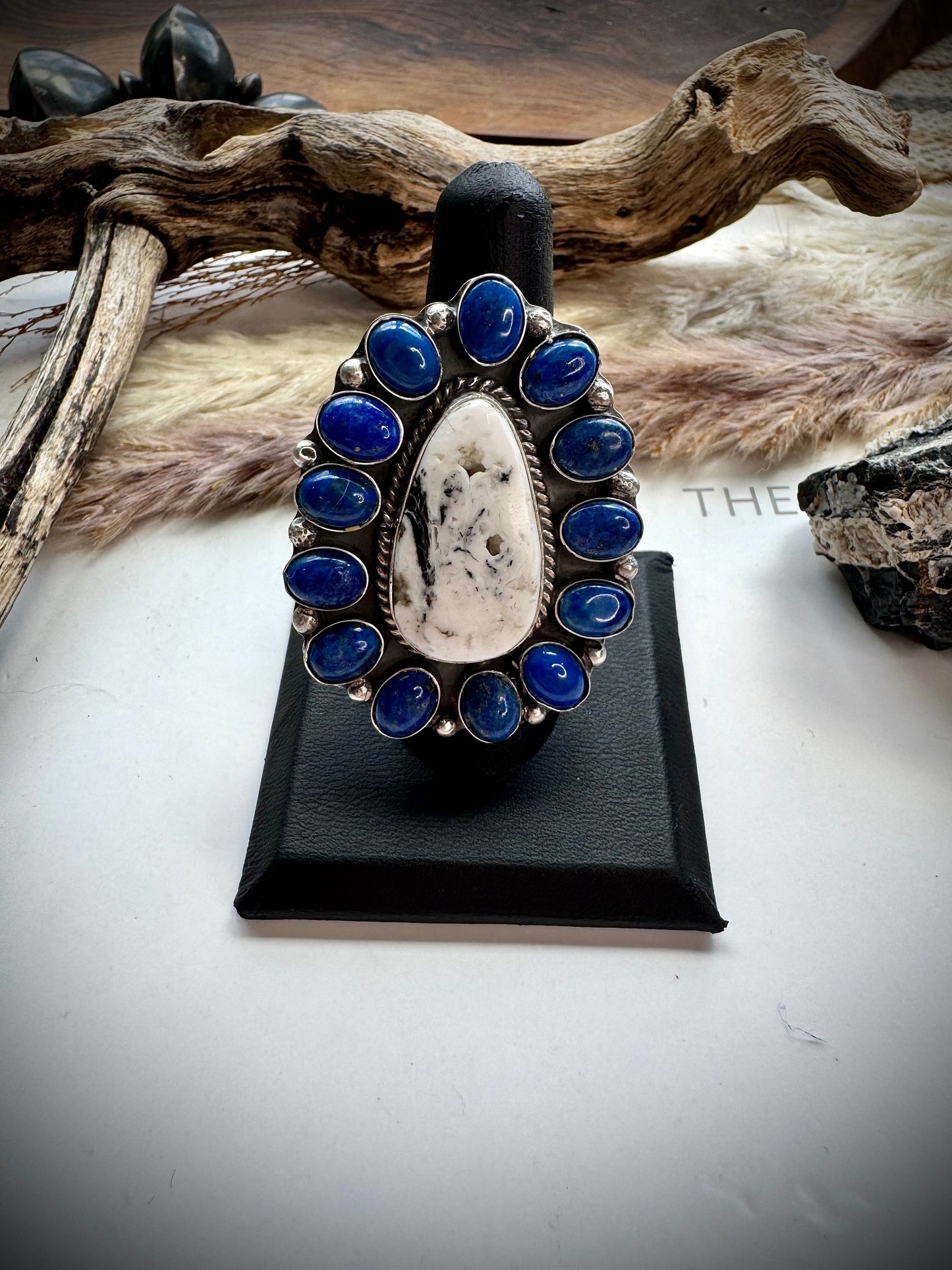 Adjustable White Buffalo & Lapis Ring by Philbert Nez