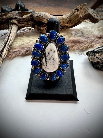 Adjustable White Buffalo & Lapis Ring by Philbert Nez