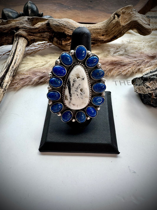 Adjustable White Buffalo & Lapis Ring by Philbert Nez