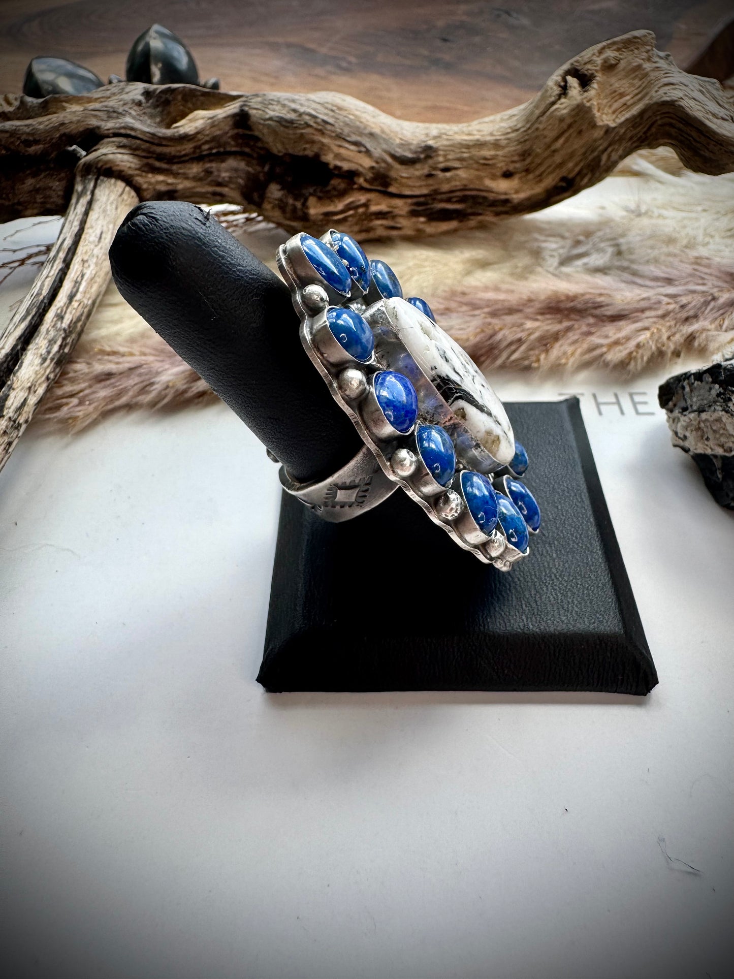 Adjustable White Buffalo & Lapis Ring by Philbert Nez