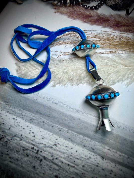 Monica Smith Turquoise Blossom and Saucer Bead with Turquoise on Blue Leather