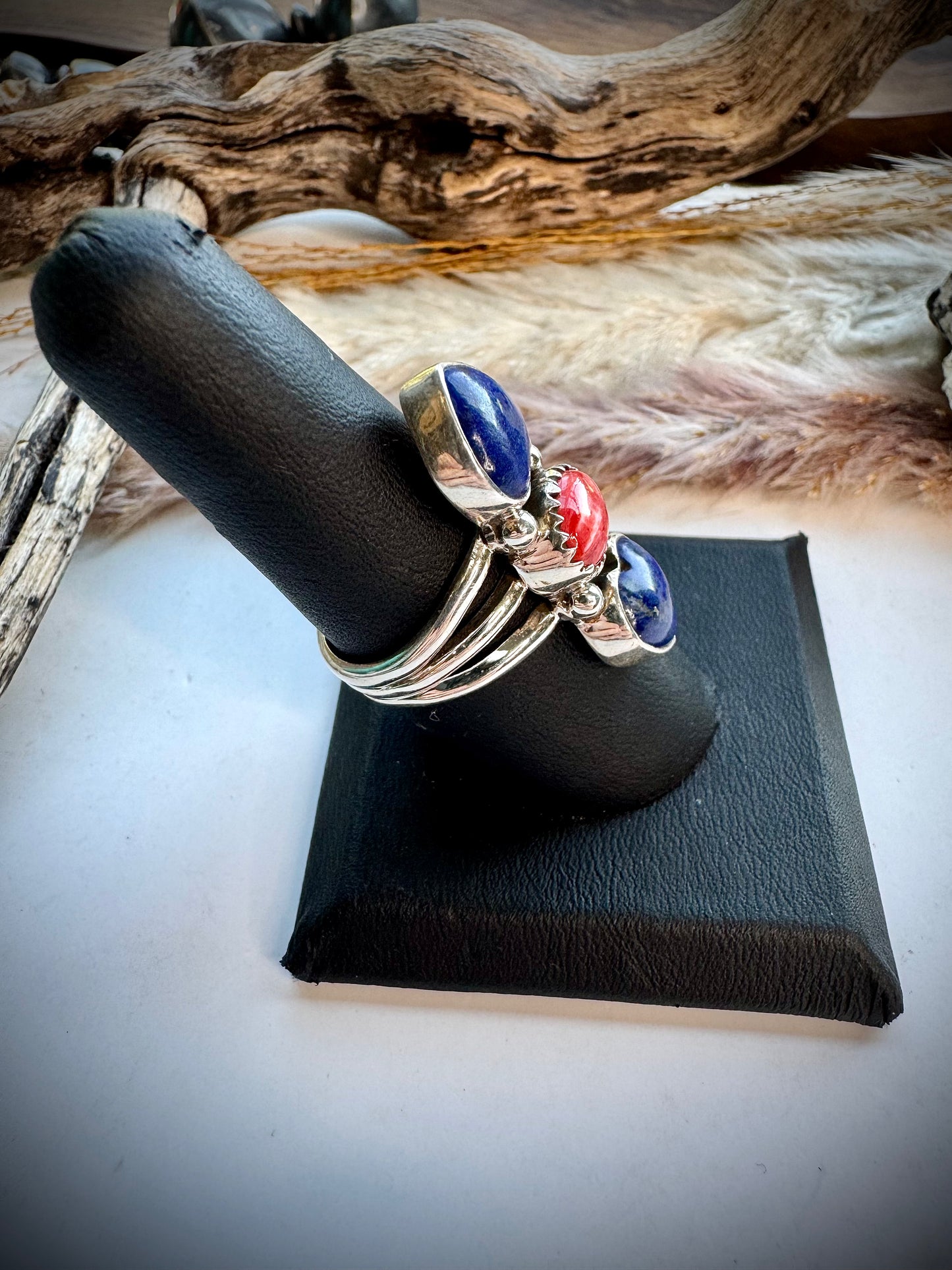 Red Spiny & Lapis Ring- Size 7 1/2