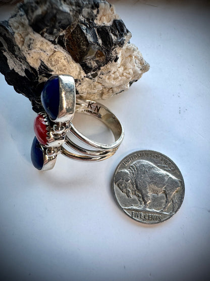 Red Spiny & Lapis Ring- Size 7 1/2