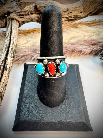 Reed Charley Red Coral and Turquoise Ring- Size 8 1/2
