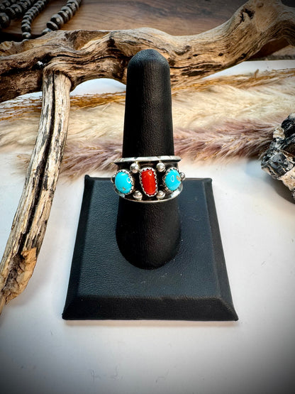 Reed Charley Red Coral and Turquoise Ring- Size 8 1/2