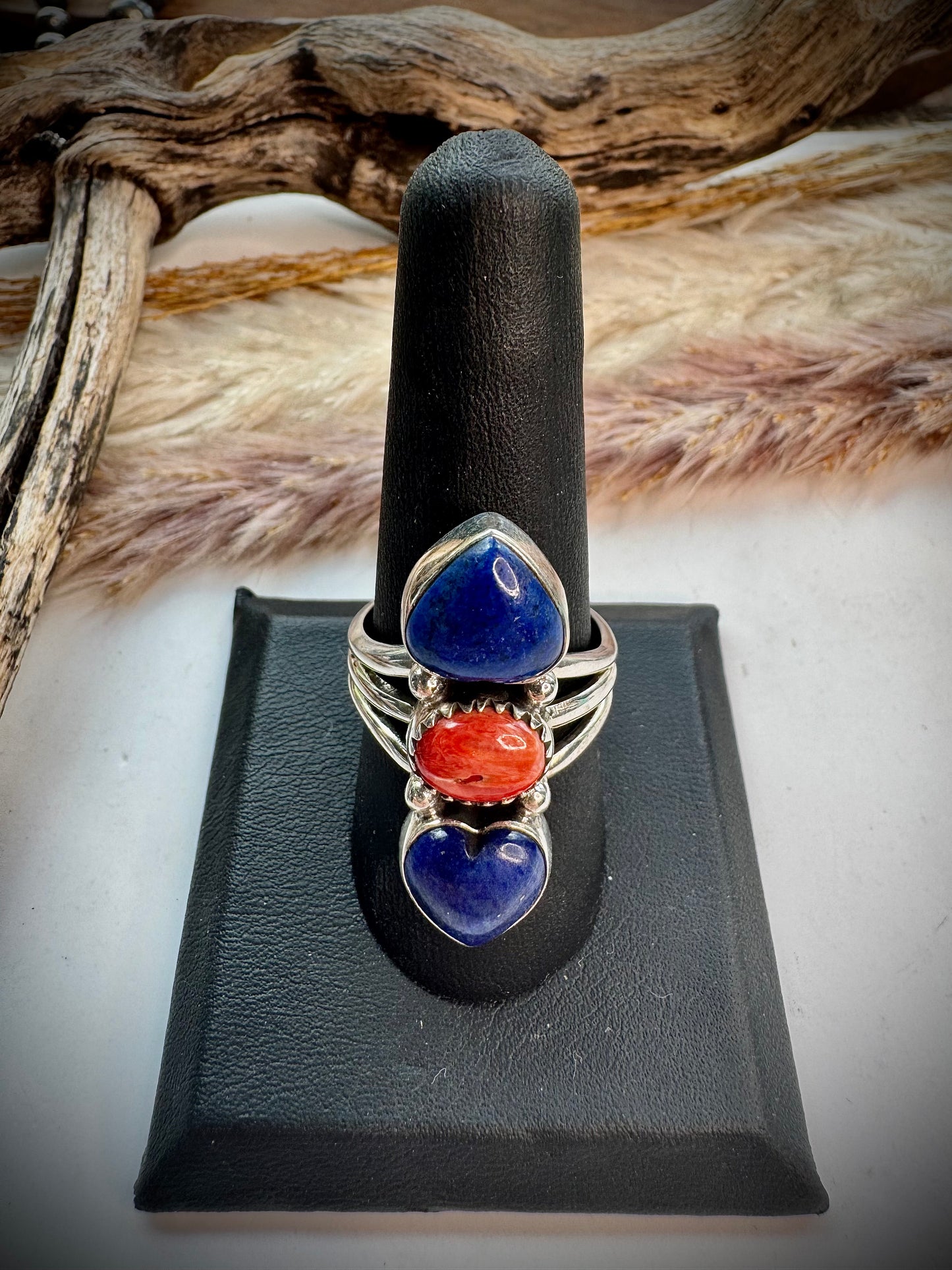 Lapis & Red Spiny Heart Ring- 9