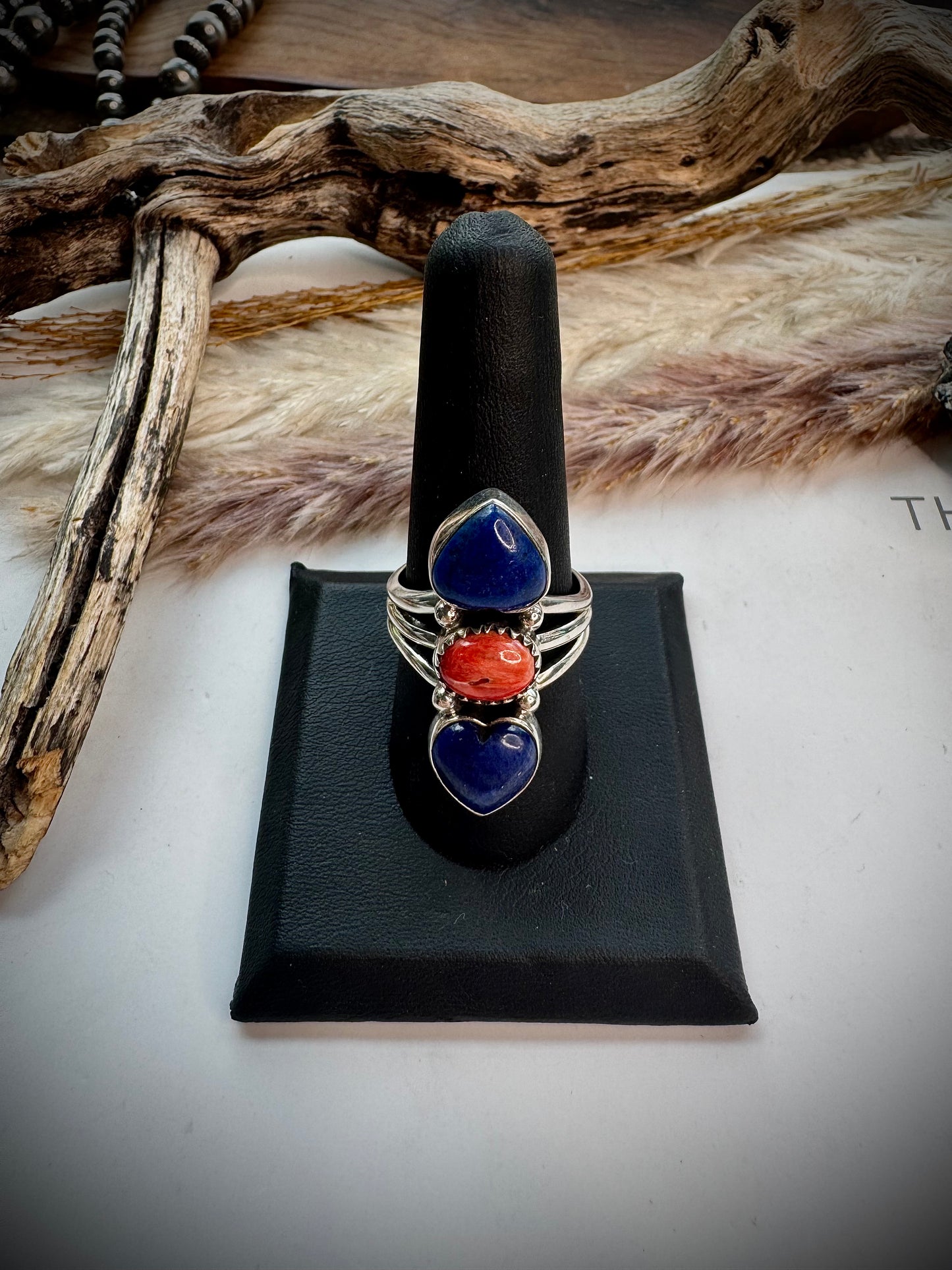 Lapis & Red Spiny Heart Ring- 9