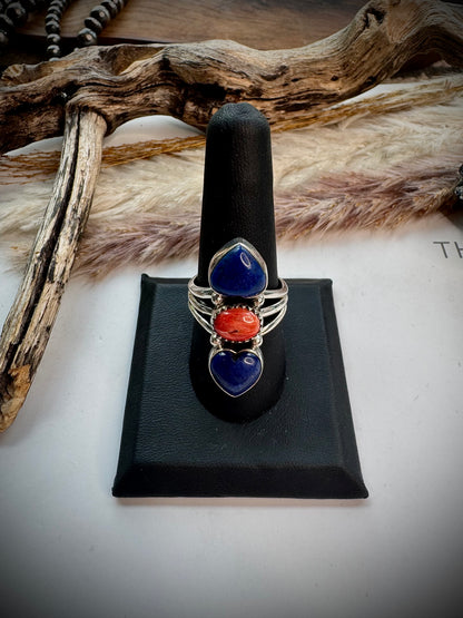 Lapis & Red Spiny Heart Ring- 9