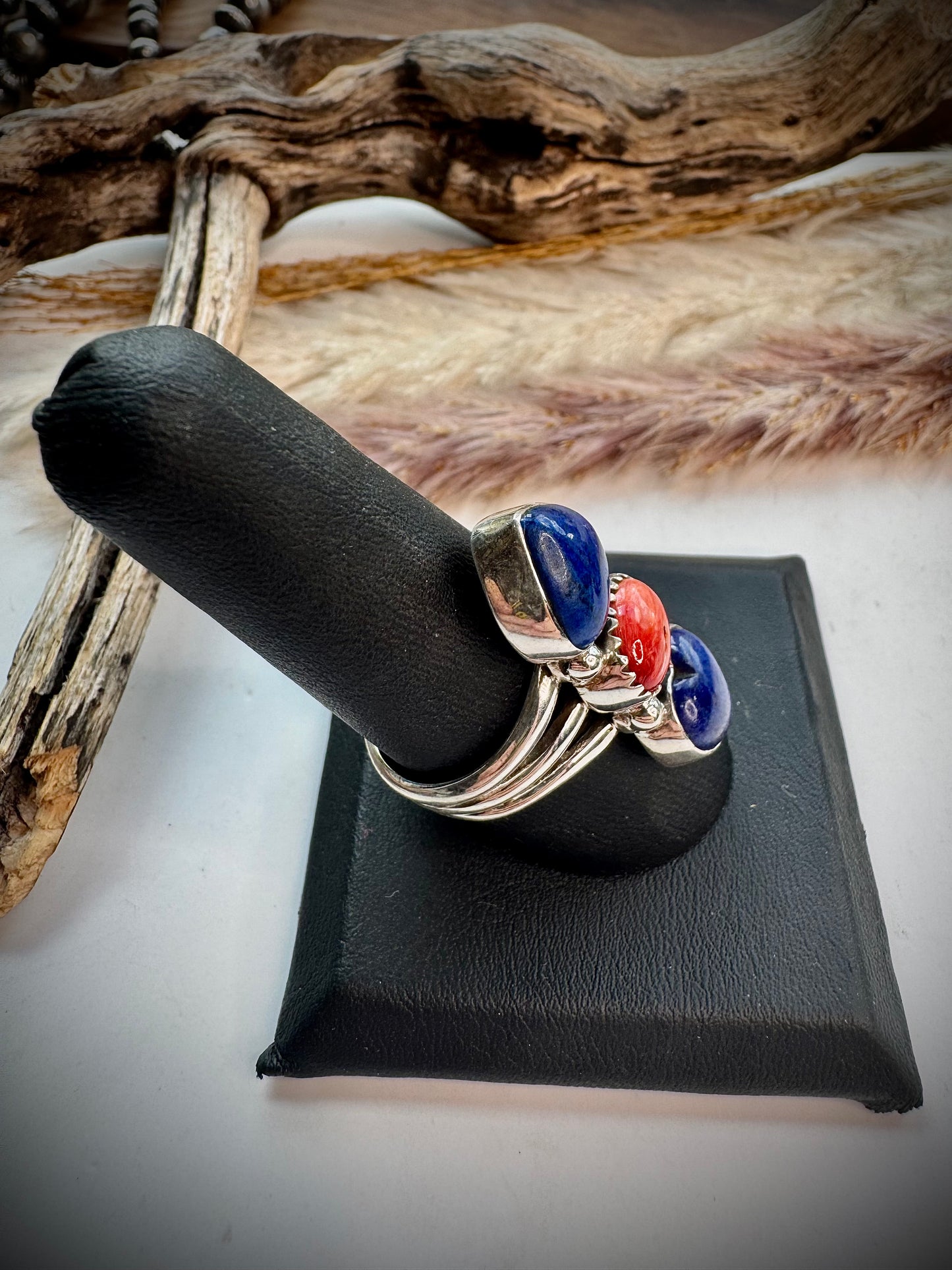 Lapis & Red Spiny Heart Ring- 9