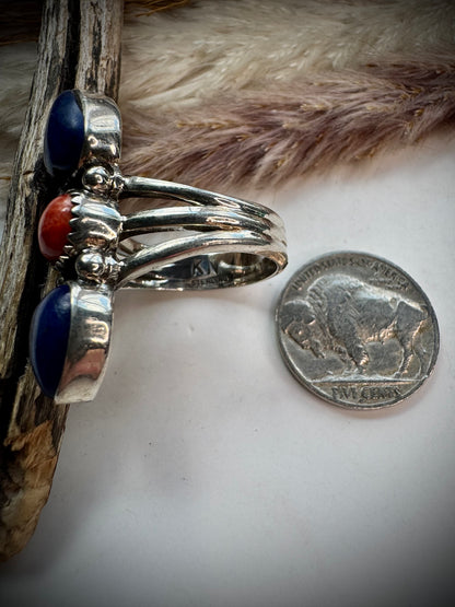 Lapis & Red Spiny Heart Ring- 9
